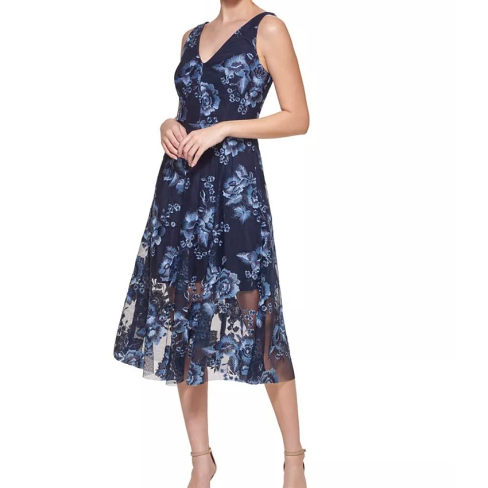 Vince Camuto Embroidered Mesh Midi Dress